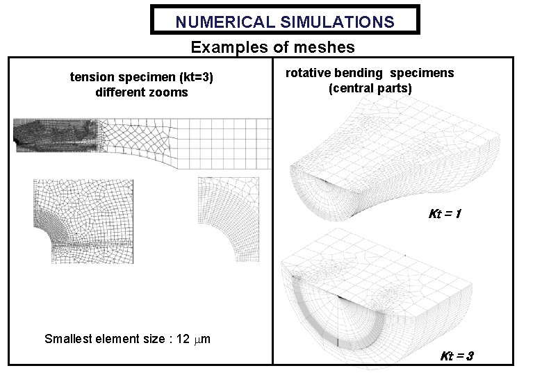 NUMERICAL SIMULATIONS Examples of meshes tension specimen (kt=3) different zooms rotative bending specimens (central