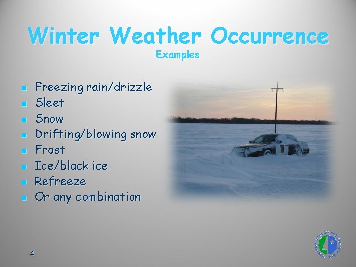 Winter Weather Occurrence Examples Freezing rain/drizzle Sleet Snow Drifting/blowing snow Frost Ice/black ice Refreeze