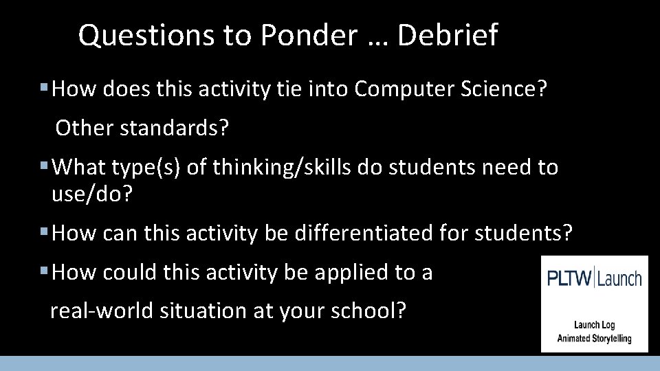 Questions to Ponder … Debrief § How does this activity tie into Computer Science?