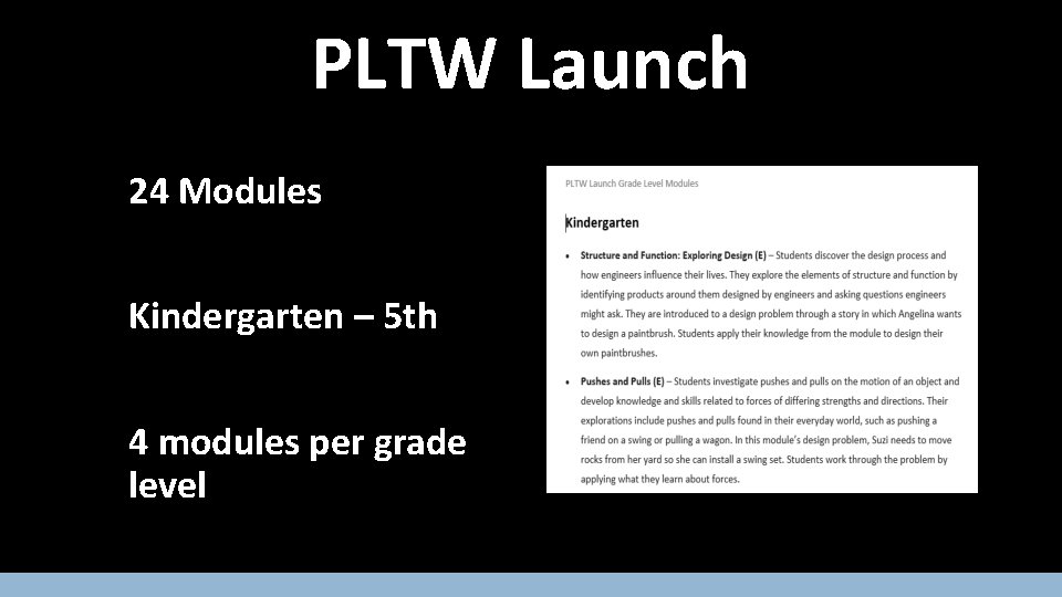 PLTW Launch 24 Modules Kindergarten – 5 th 4 modules per grade level 