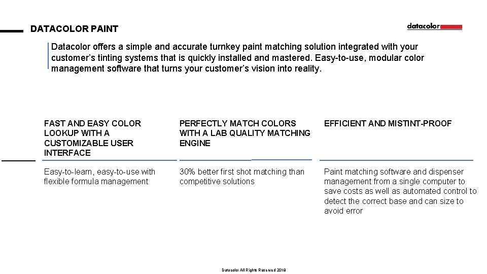 DATACOLOR PAINT Datacolor offers a simple and accurate turnkey paint matching solution integrated with