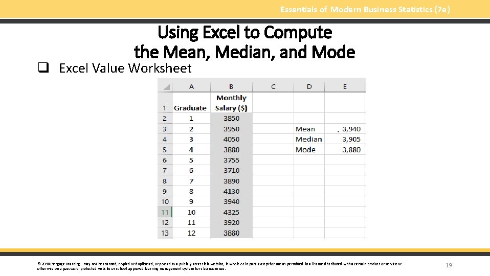 Essentials of Modern Business Statistics (7 e) Using Excel to Compute the Mean, Median,