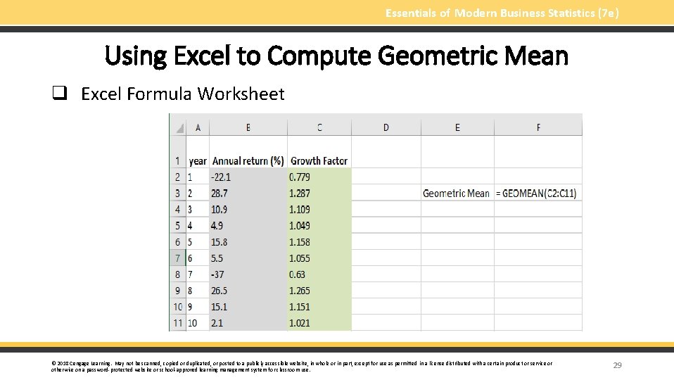 Essentials of Modern Business Statistics (7 e) Using Excel to Compute Geometric Mean q