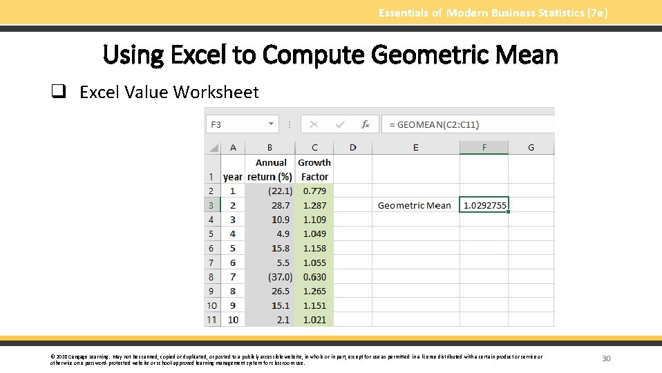 Essentials of Modern Business Statistics (7 e) Using Excel to Compute Geometric Mean q