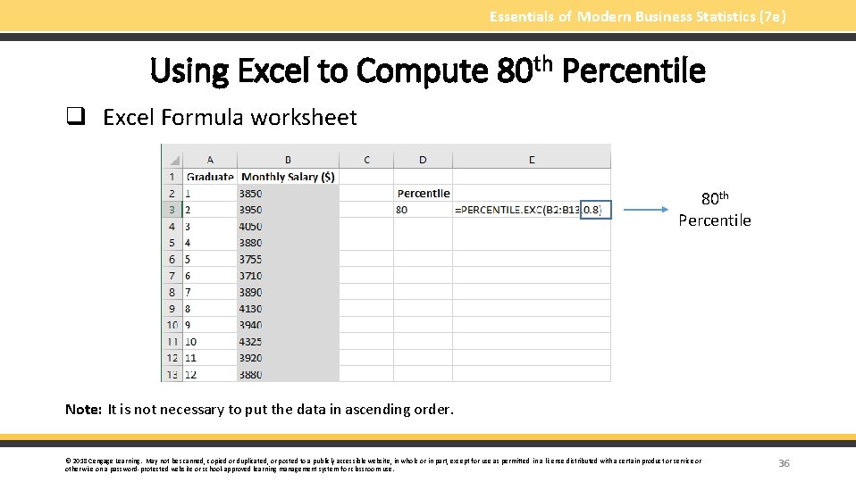 Essentials of Modern Business Statistics (7 e) Using Excel to Compute 80 th Percentile
