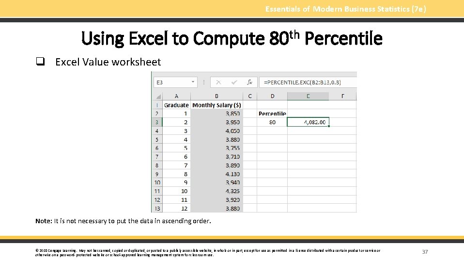 Essentials of Modern Business Statistics (7 e) Using Excel to Compute 80 th Percentile