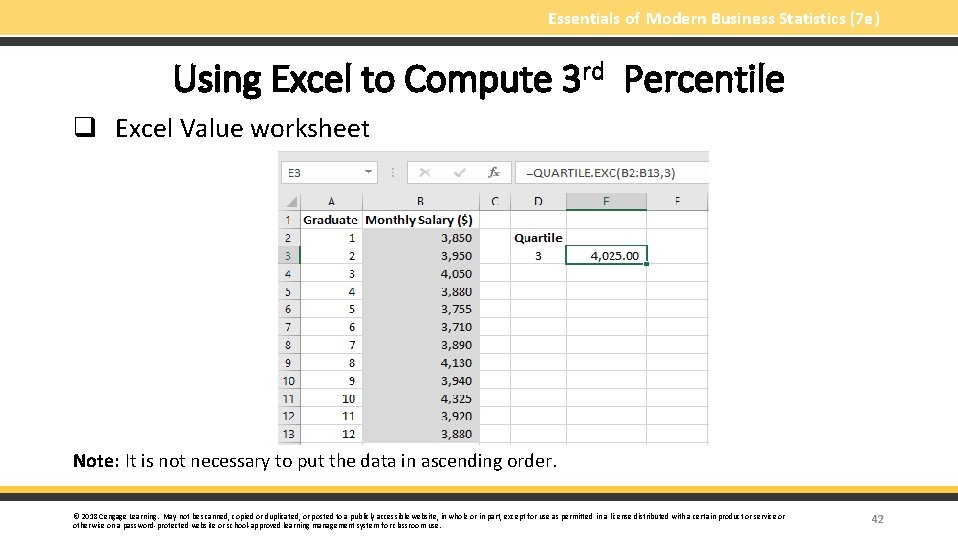 Essentials of Modern Business Statistics (7 e) Using Excel to Compute 3 rd Percentile