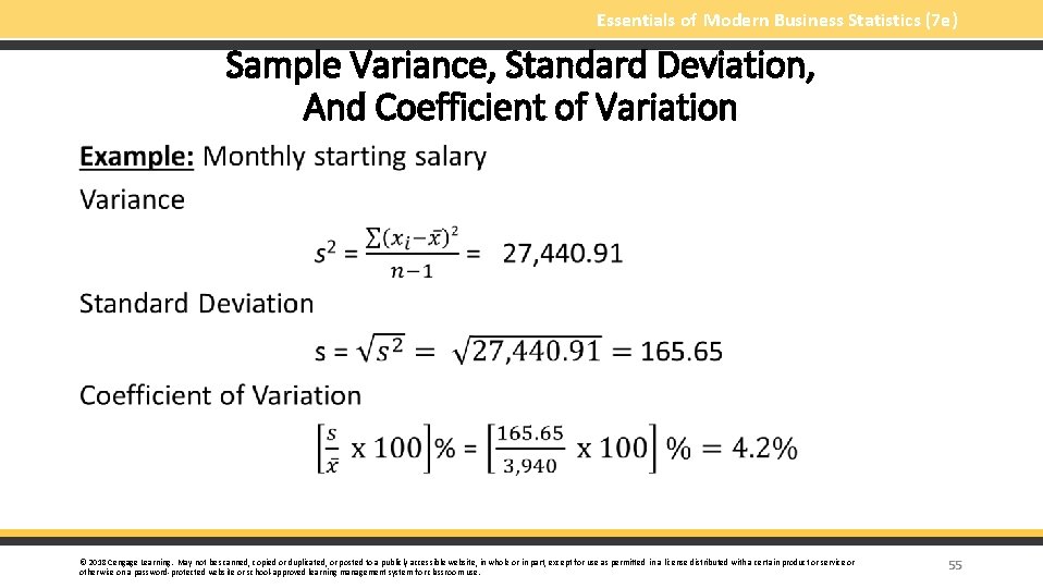 Essentials of Modern Business Statistics (7 e) Sample Variance, Standard Deviation, And Coefficient of