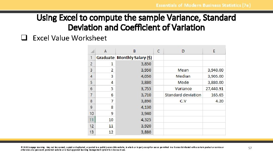Essentials of Modern Business Statistics (7 e) Using Excel to compute the sample Variance,