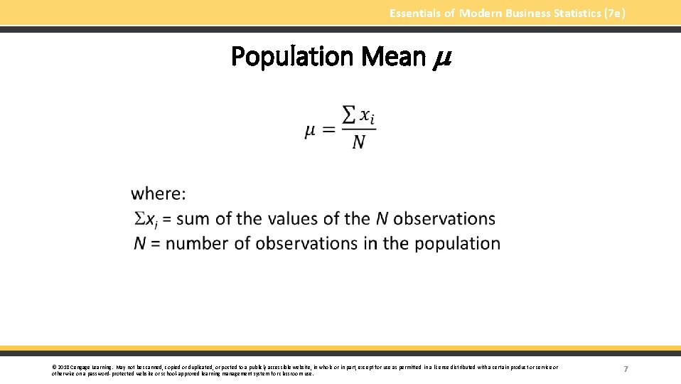Essentials of Modern Business Statistics (7 e) Population Mean m § © 2018 Cengage
