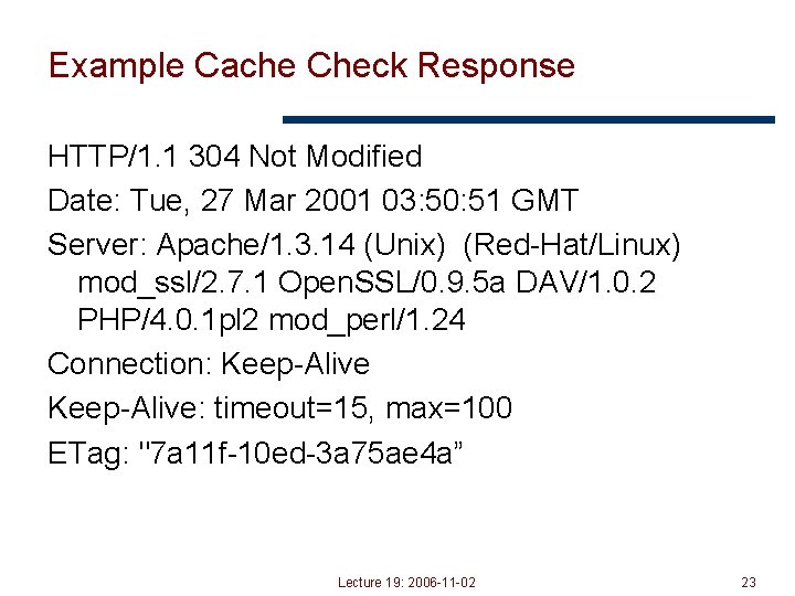 Example Cache Check Response HTTP/1. 1 304 Not Modified Date: Tue, 27 Mar 2001