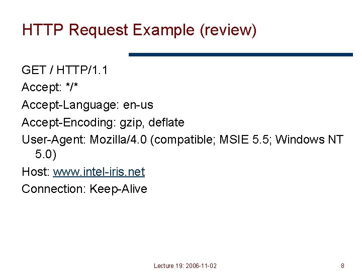 HTTP Request Example (review) GET / HTTP/1. 1 Accept: */* Accept-Language: en-us Accept-Encoding: gzip,