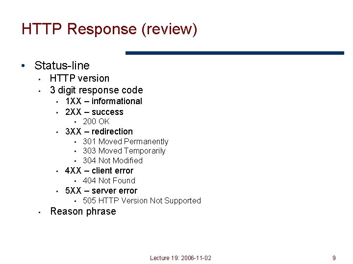 HTTP Response (review) • Status-line • • HTTP version 3 digit response code •