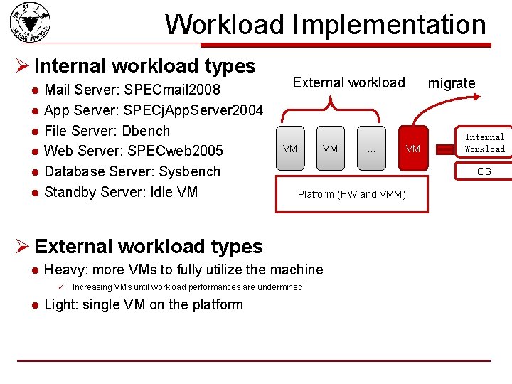 Workload Implementation Ø Internal workload types l l l Mail Server: SPECmail 2008 App