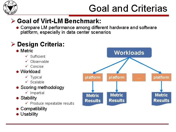 Goal and Criterias Ø Goal of Virt-LM Benchmark: l Compare LM performance among different