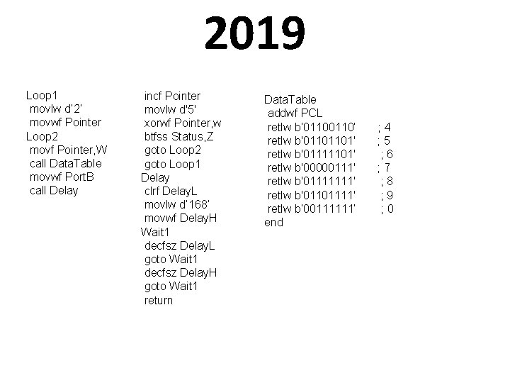 2019 Loop 1 movlw d’ 2’ movwf Pointer Loop 2 movf Pointer, W call