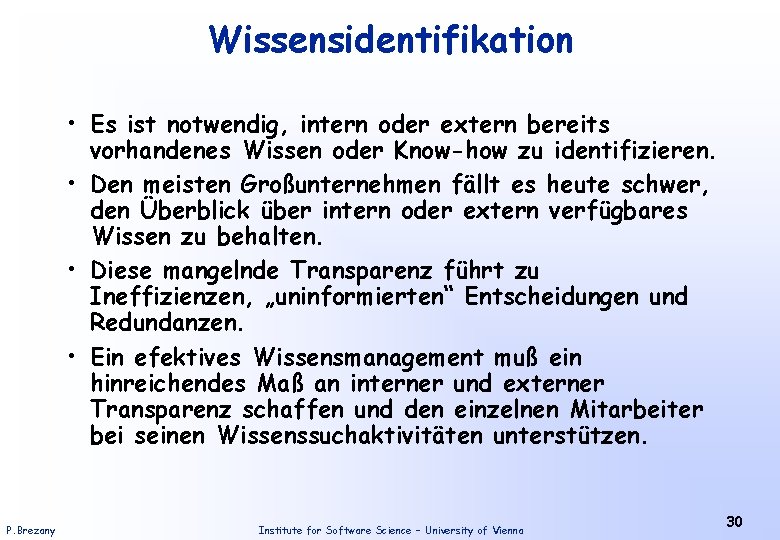 Wissensidentifikation • Es ist notwendig, intern oder extern bereits vorhandenes Wissen oder Know-how zu