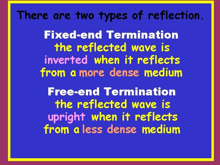 There are two types of reflection. Fixed-end Termination the reflected wave is inverted when