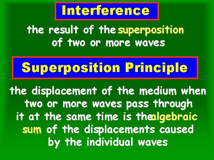 Interference the result of the superposition of two or more waves Superposition Principle the