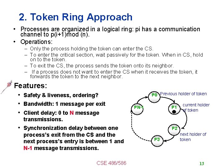 2. Token Ring Approach • Processes are organized in a logical ring: pi has