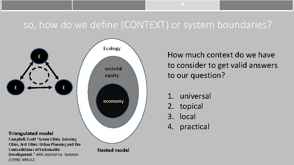 3 so, how do we define (CONTEXT) or system boundaries? Ecology E societal equity