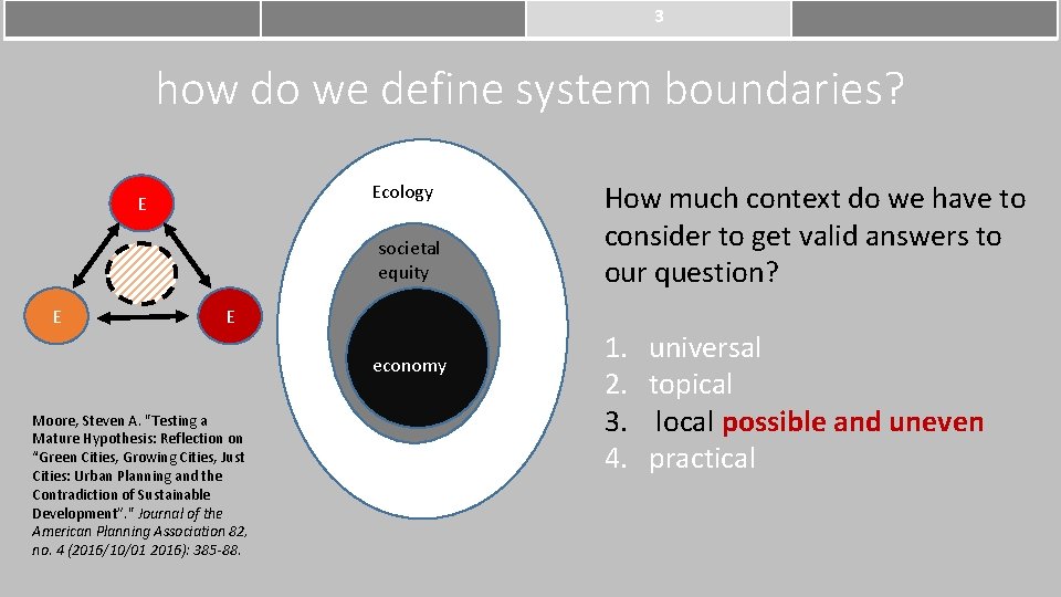 3 how do we define system boundaries? Ecology E societal equity E E economy