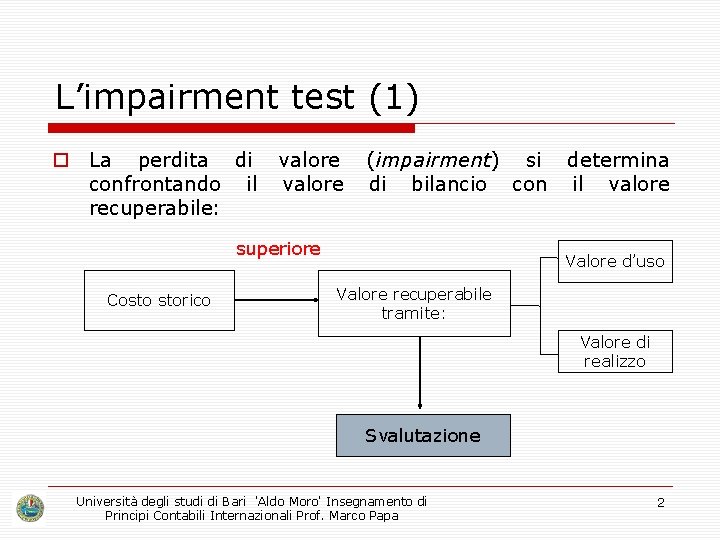 L’impairment test (1) o La perdita di confrontando il recuperabile: valore (impairment) si di