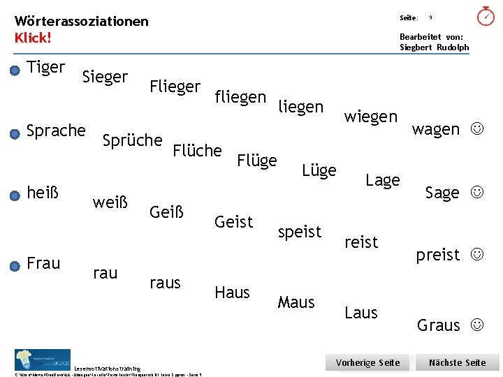 Übungsart: Wörterassoziationen Seite: Klick! Bearbeitet von: Siegbert Rudolph Tiger Sieger Sprache heiß Frau Flieger