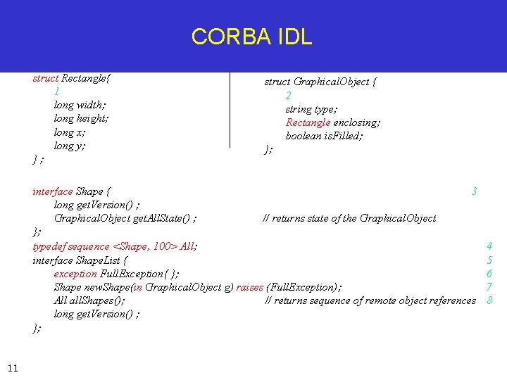 CORBA IDL struct Rectangle{ 1 long width; long height; long x; long y; };