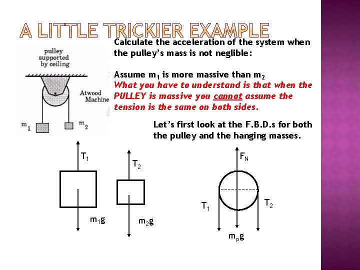 Calculate the acceleration of the system when the pulley’s mass is not neglible: Assume
