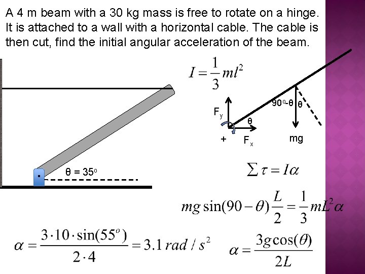 A 4 m beam with a 30 kg mass is free to rotate on