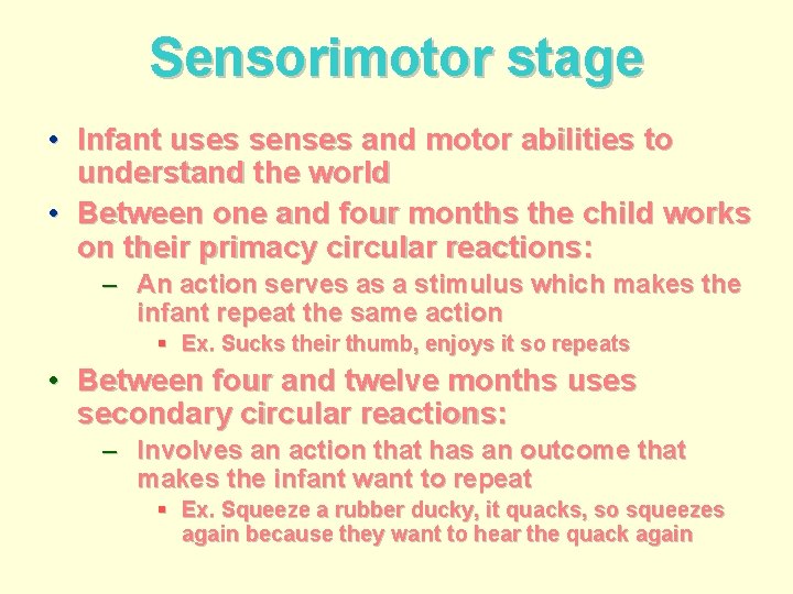 Sensorimotor stage • Infant uses senses and motor abilities to understand the world •
