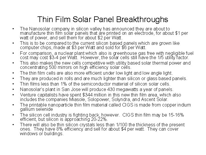 Thin Film Solar Panel Breakthroughs • • • The Nanosolar company in silicon valley