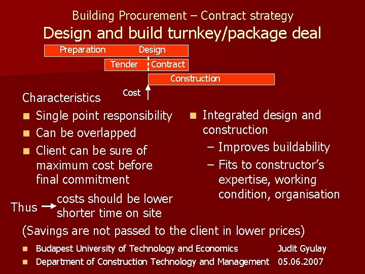 Building Procurement – Contract strategy Design and build turnkey/package deal Preparation Design Tender Contract