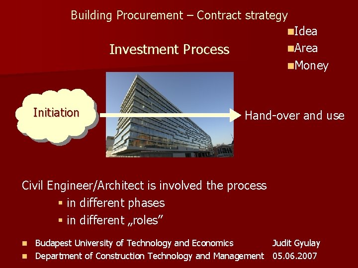 Building Procurement – Contract strategy n. Idea Investment Process n. Area n. Money Initiation