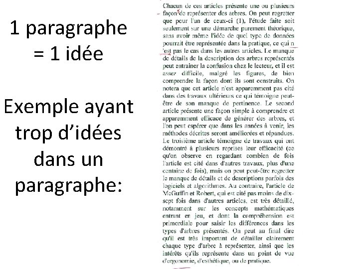 1 paragraphe = 1 idée Exemple ayant trop d’idées dans un paragraphe: 