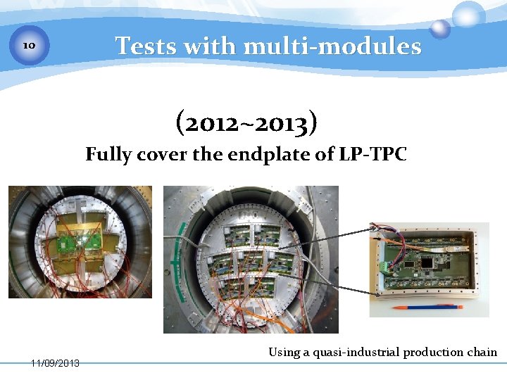 10 Tests with multi-modules (2012~2013) Fully cover the endplate of LP-TPC 11/09/2013 Using a