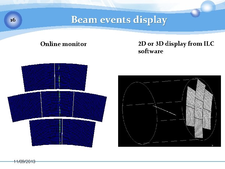 16 Beam events display Online monitor 2 D or 3 D display from ILC