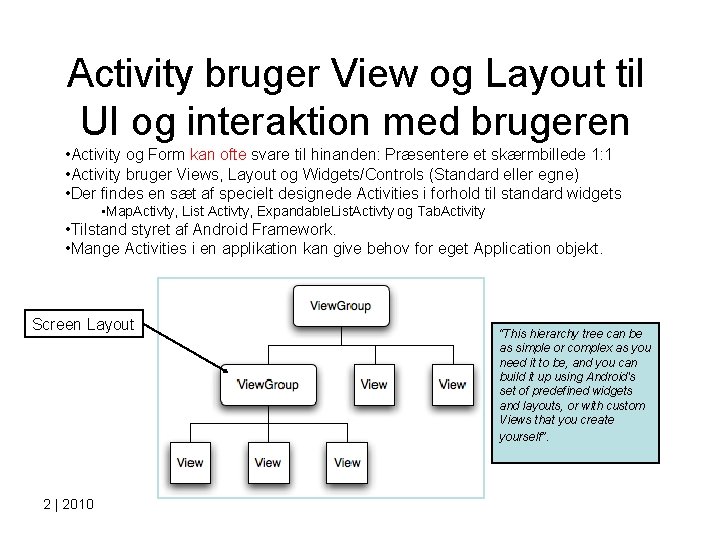 Activity bruger View og Layout til UI og interaktion med brugeren • Activity og