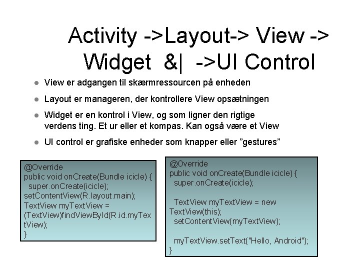 Activity ->Layout-> View -> Widget &| ->UI Control l View er adgangen til skærmressourcen