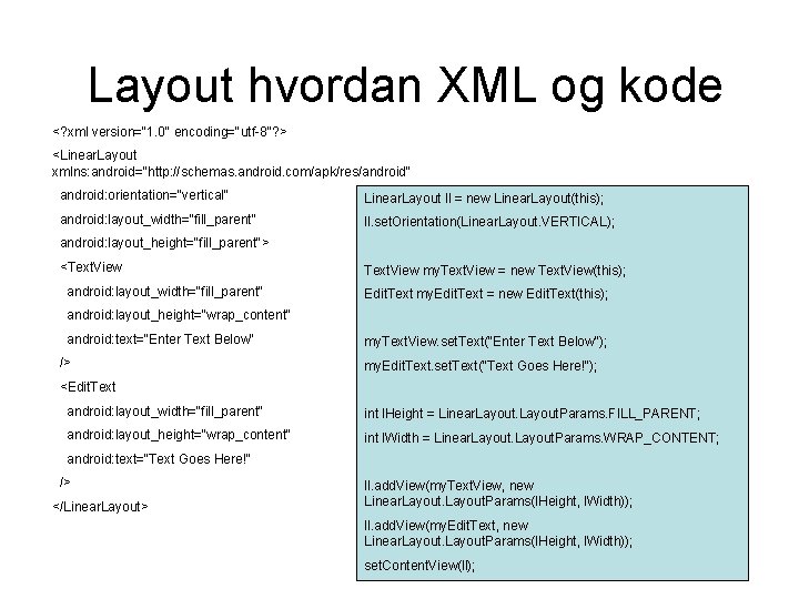 Layout hvordan XML og kode <? xml version="1. 0" encoding="utf-8"? > <Linear. Layout xmlns: