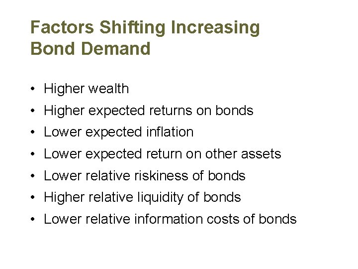 Factors Shifting Increasing Bond Demand • Higher wealth • Higher expected returns on bonds