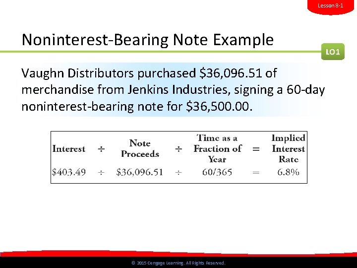 Lesson 8 -1 Noninterest-Bearing Note Example LO 1 Vaughn Distributors purchased $36, 096. 51