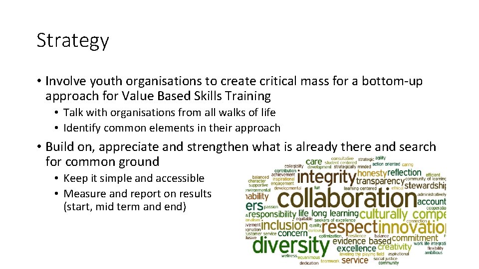 Strategy • Involve youth organisations to create critical mass for a bottom-up approach for