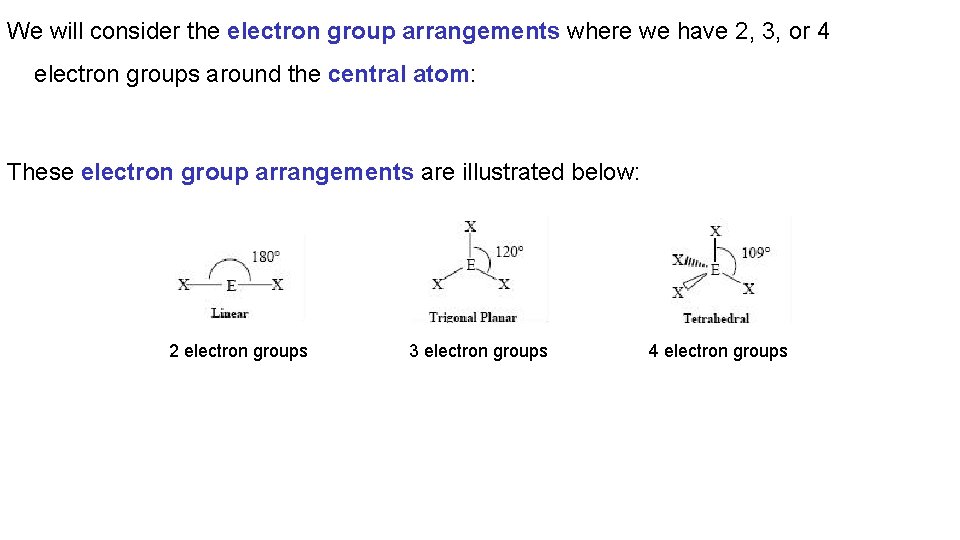 We will consider the electron group arrangements where we have 2, 3, or 4