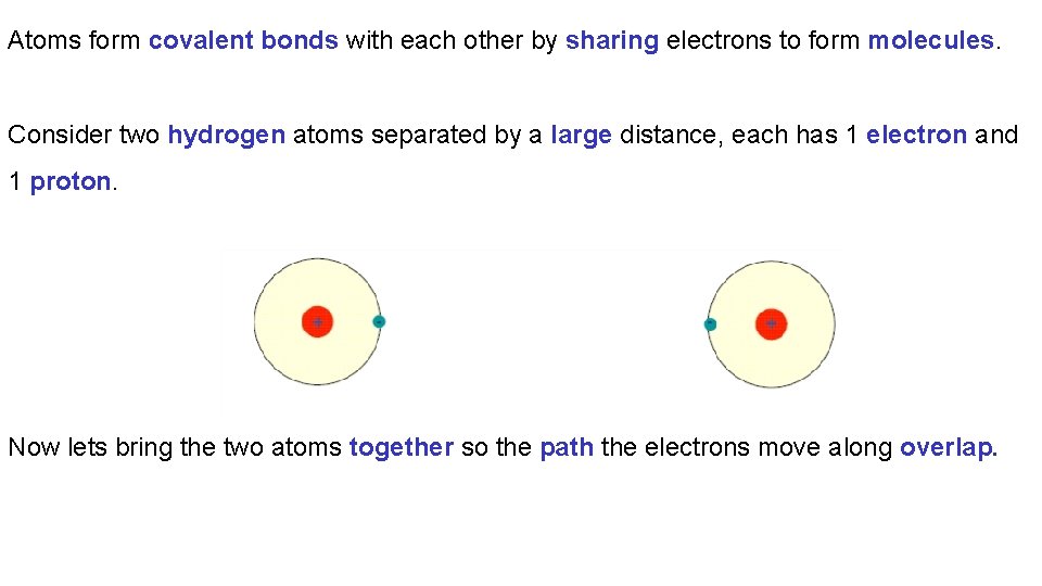 Atoms form covalent bonds with each other by sharing electrons to form molecules. Consider