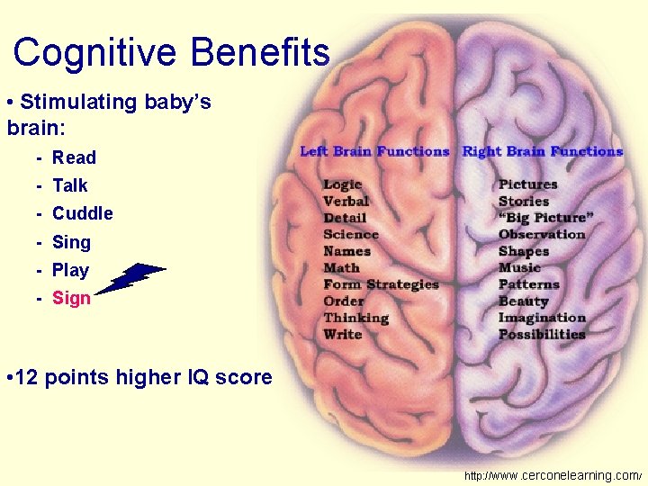 Cognitive Benefits • Stimulating baby’s brain: - Read - Talk - Cuddle - Sing