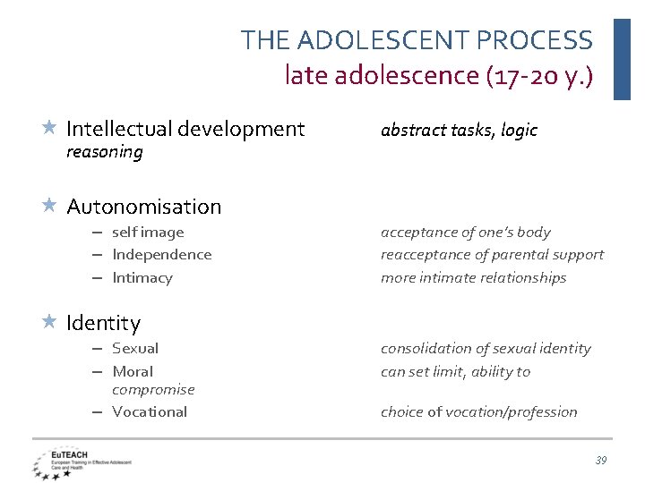 THE ADOLESCENT PROCESS late adolescence (17 -20 y. ) Intellectual development reasoning abstract tasks,