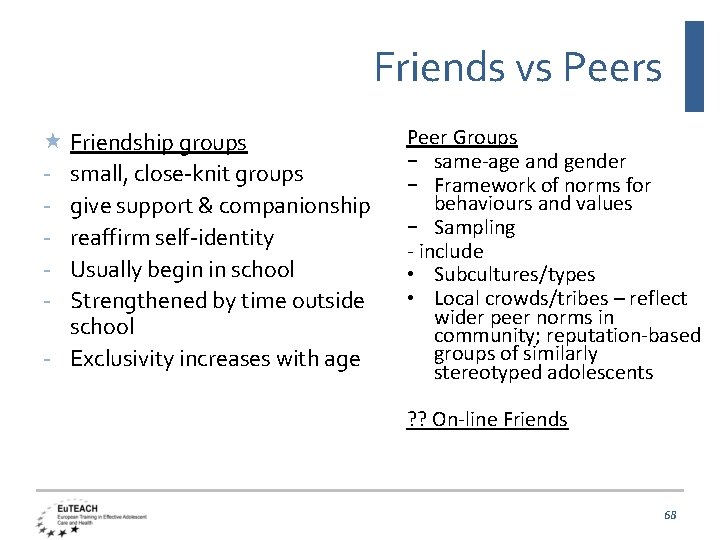 Friends vs Peers Friendship groups - small, close-knit groups - give support & companionship
