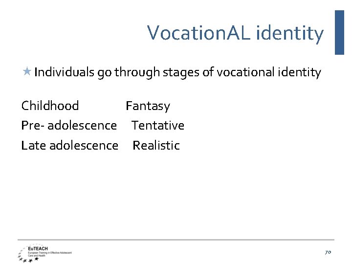 Vocation. AL identity Individuals go through stages of vocational identity Childhood Fantasy Pre- adolescence
